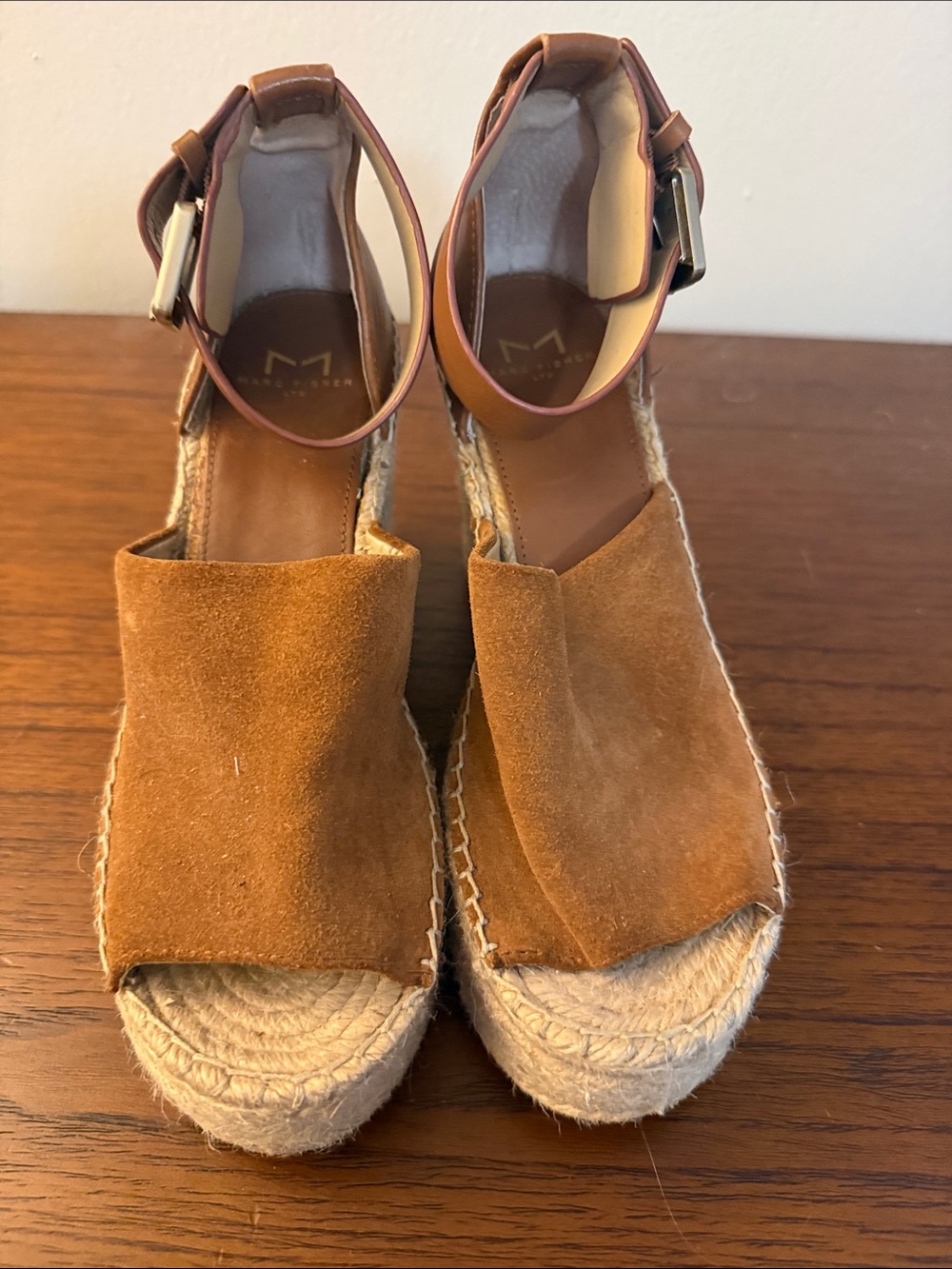 Marc Fisher Cognac Suede Espadrille Wedge Sandals with Ankle Strap